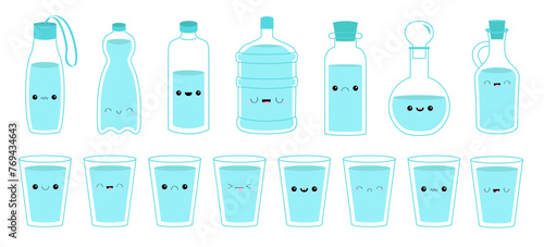 Glass cup of water  bottle icon set. Cork  plug  decanter  carafe. Steal Aqua drop. Drink water. Cute cartoon kawaii character. Different face emotion. Eyes  mouth. Flat design White background Vector