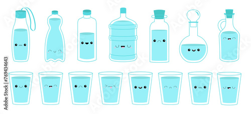 Glass cup of water, bottle icon set. Cork, plug, decanter, carafe. Steal Aqua drop. Drink water. Cute cartoon kawaii character. Different face emotion. Eyes, mouth. Flat design White background Vector
