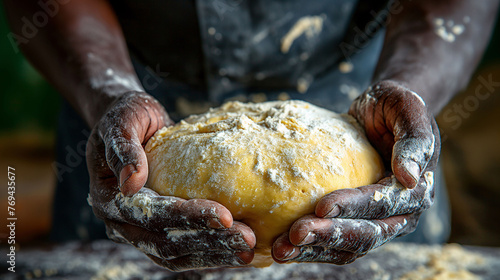 Hands holding raw dough .