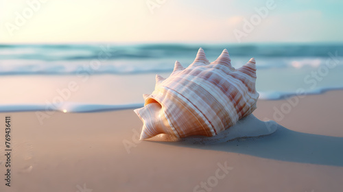 Conch shells lying on the beach at sunset
