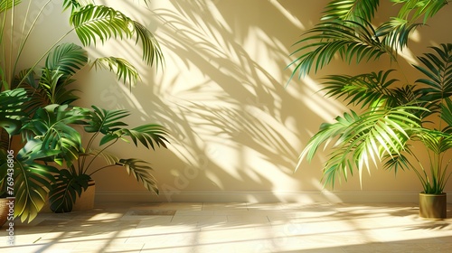 Sunny room with palm trees on light cream-colored walls