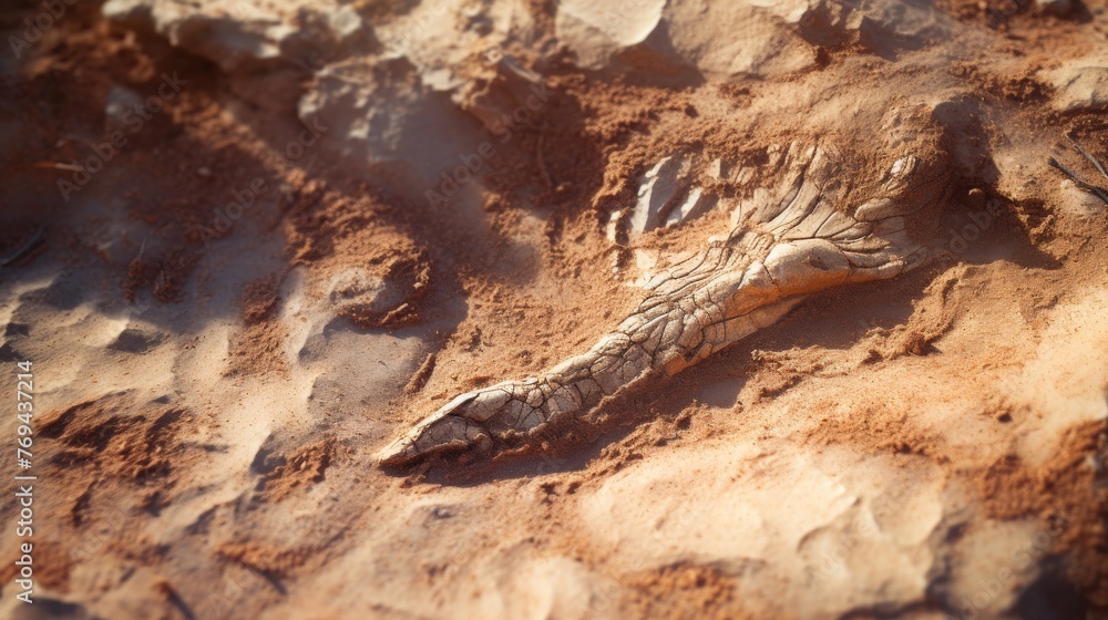 Obraz premium A soft focus image of a fossilized dinosaur footprint in sediment