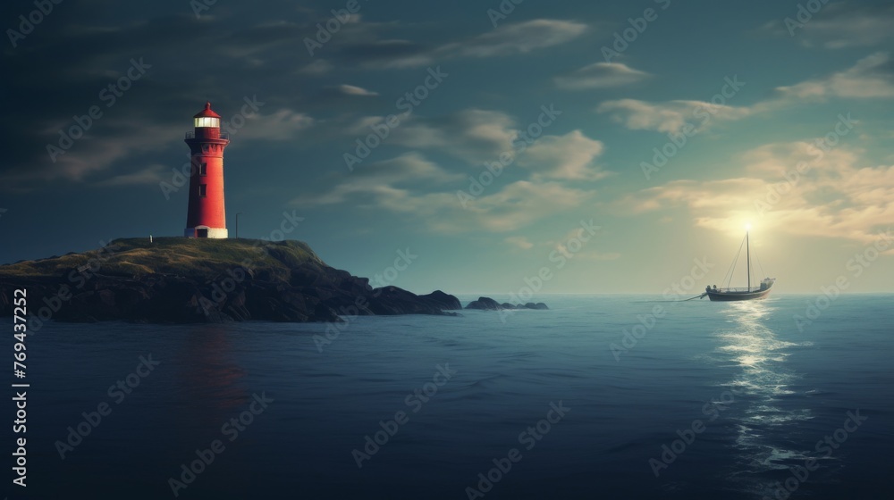A lone boat sailing past the lighthouse