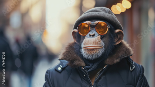 A monkey wearing sunglasses and a hat is standing in front of a building. The scene is set in a city, with people walking around in the background. The monkey's outfit and accessories give it a quirky photo