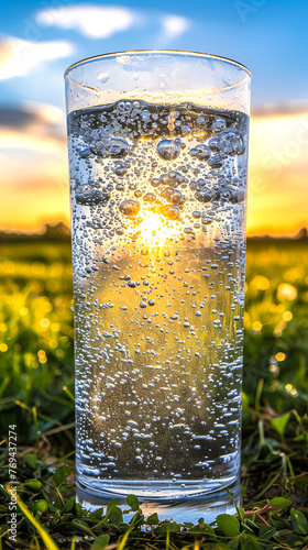 A glass of water with bubbles in it is sitting on the grass. The bubbles are floating in the water, creating a sense of movement and life. The glass is half full