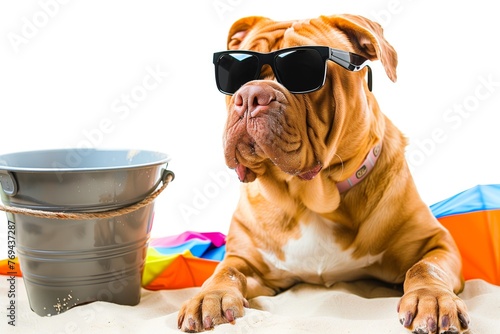 mastiff with classic black sunglasses and beach bucket