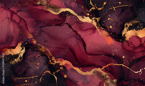 Maroon gold abstract texture marble pattern liquid ink paint, Generative AI