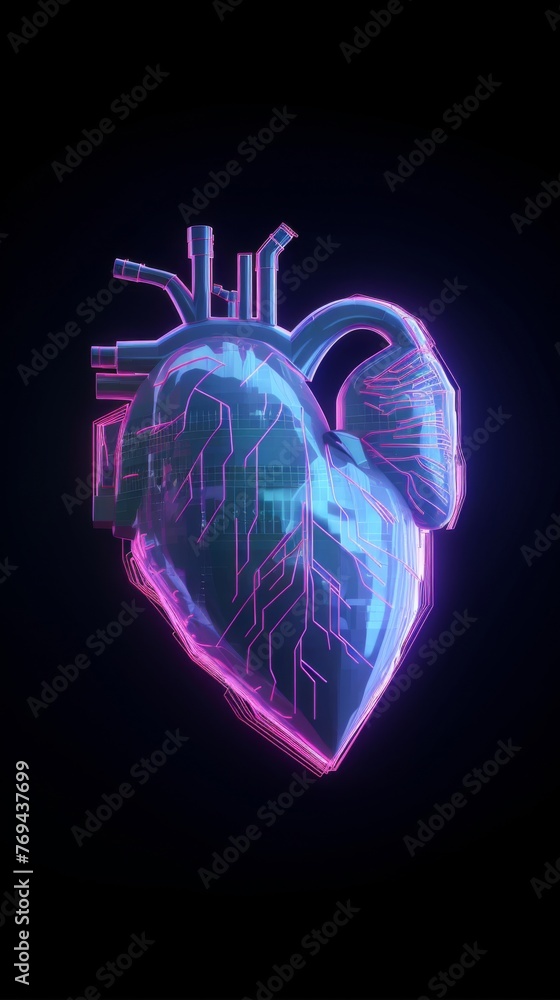 Graphical representation of a beating heart pulse on a computer chip low poly Graphical representation of a beating heart pulse on a computer chip low poly