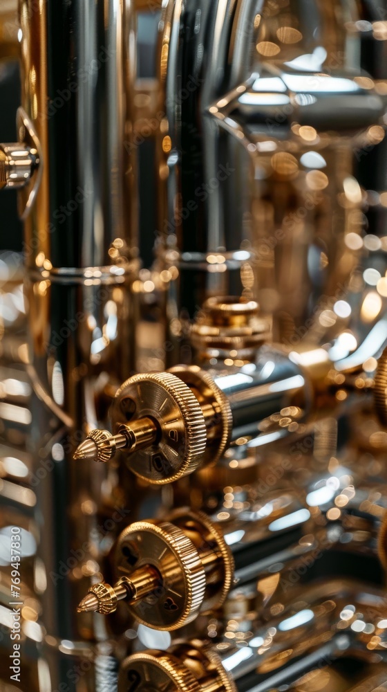 A close-up look at the intricate valves of a brass instrument