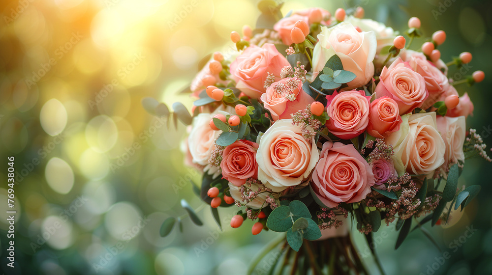 beautiful wedding bouquet of pink roses on blue background, close up beautiful wedding bouquet of pink roses on blue background, close up