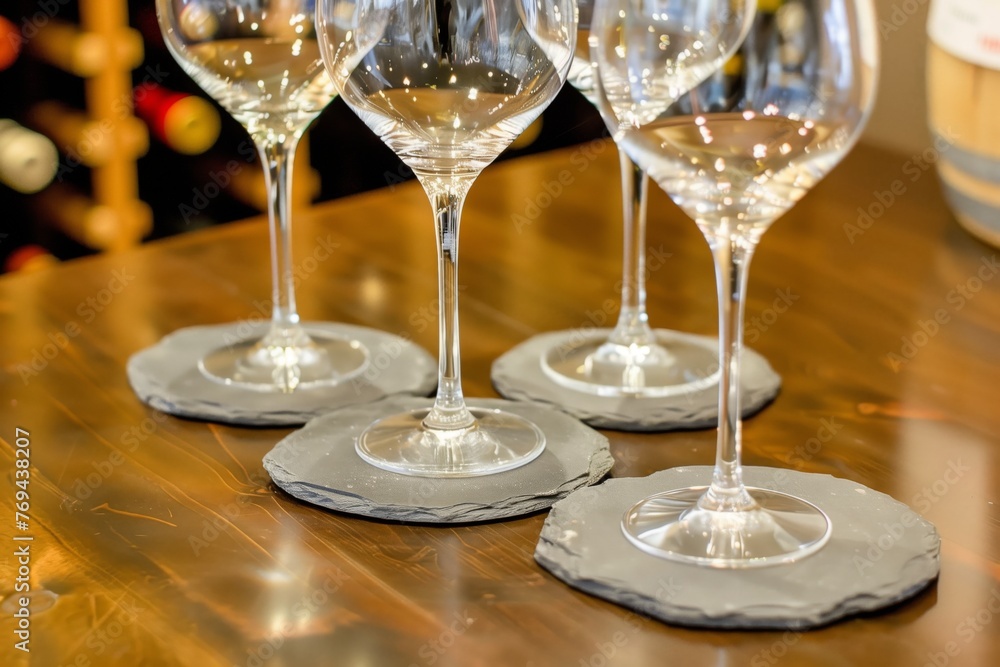 round slate coasters with wine glasses during a tasting event