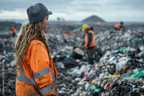 Female waste worker standing at landfill site with a thoughtful expression photo