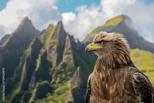 closeup of an eagle with sharp mountains rising in the distance