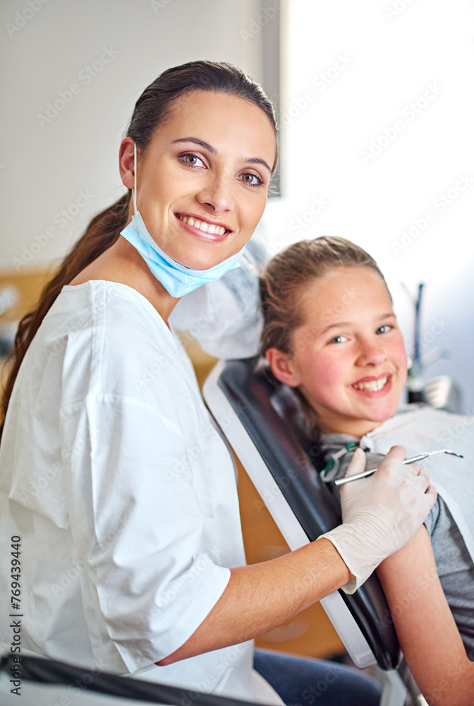 Portrait, dentist and woman with tools for happy kid in medical exam, orthodontics or cleaning teeth. Face, smile and dental doctor with child for tooth care, oral health or pediatrician with mirror