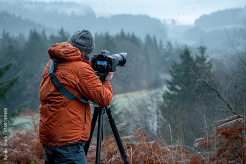 Professional photographer capturing stunning mountain scenery with camera on sturdy tripod photo