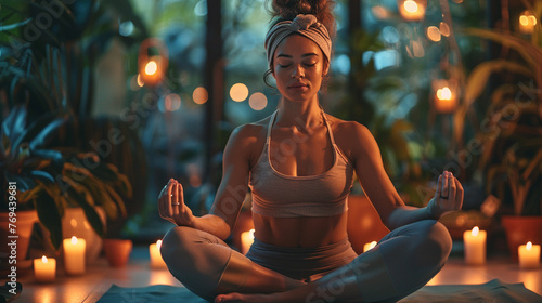 Sporty woman with a ponytail and a sweatband wearing a tank top and leggings, doing yoga on a mat, surrounded by plants and candles. © Mr Arts
