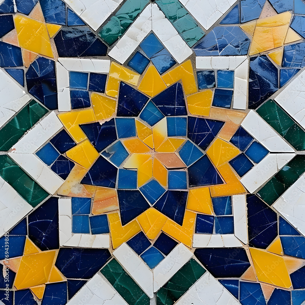 Islamic geometric tile pattern in blue, yellow, green, and white colors