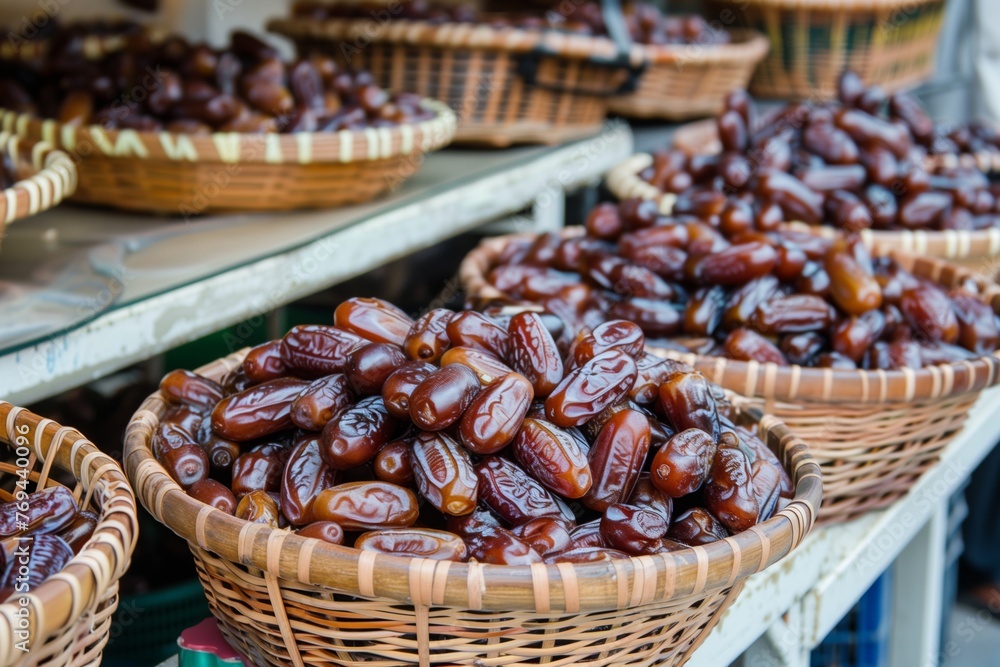 baskets of fresh dates displayed at a middle eastern market baskets of fresh dates displayed at a middle eastern market