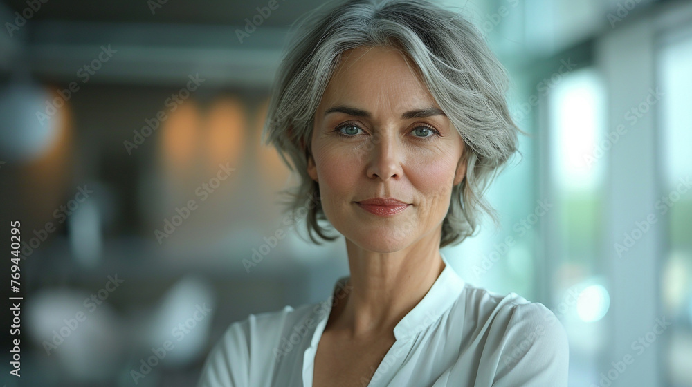 A mature woman with short gray hair and a white blouse looking confident and professional. Business and leadership.