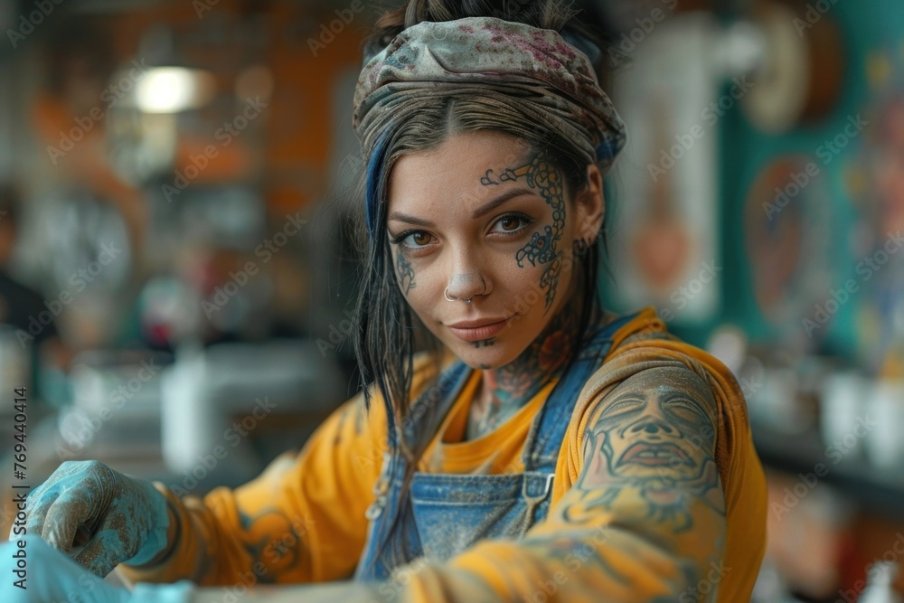 Portrait of a young attractive tattooed woman with dreadlocks and a bandana