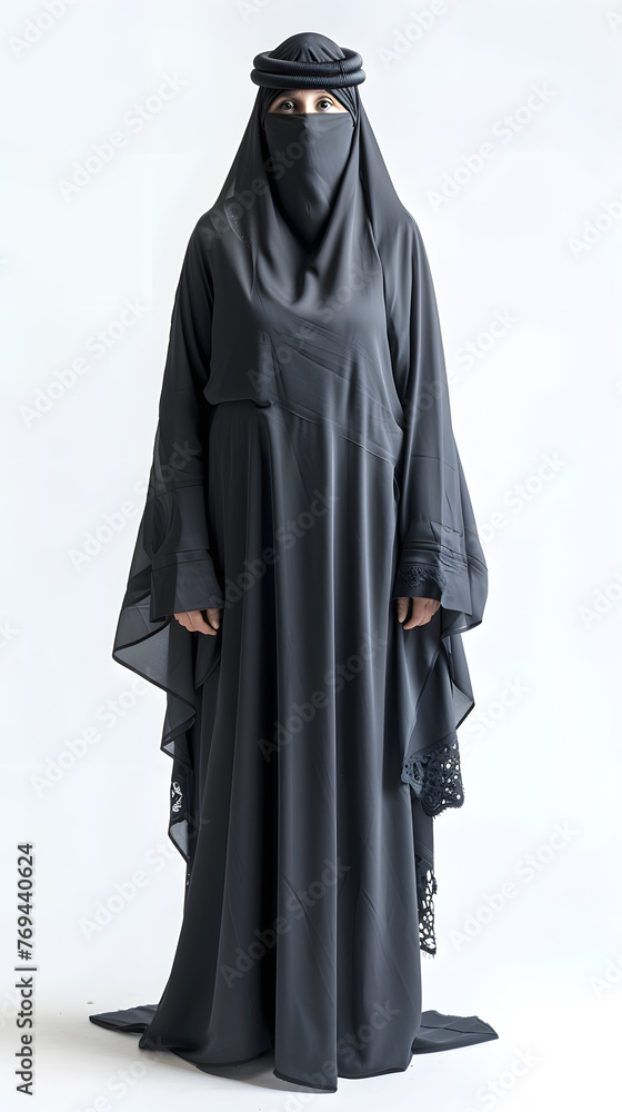 Full body photo of a Saudi woman wearing black burqa isolated on white background Full body photo of a Saudi woman wearing black burqa isolated on white background