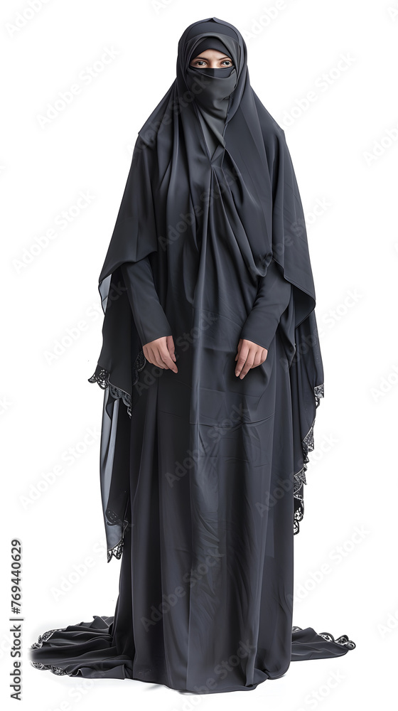 Full body photo of a Saudi woman wearing black burqa isolated on white background Full body photo of a Saudi woman wearing black burqa isolated on white background