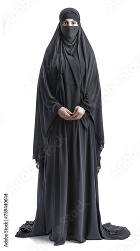 Full body photo of a Saudi woman wearing black burqa isolated on white background