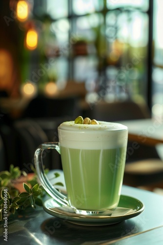 Pistachio Milk Latte in a Modern Cafe Setting