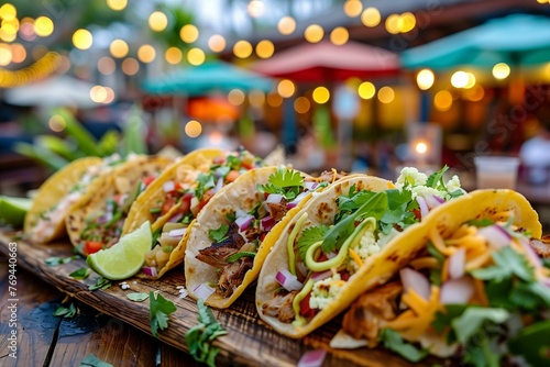 Delicious Assorted Tacos on Wooden Platter Close-Up