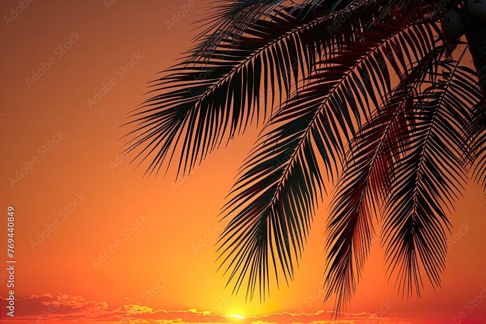 Golden tropical sunset with dark silhouette of coconut palm tree. Trendy vintage toned summer travel background