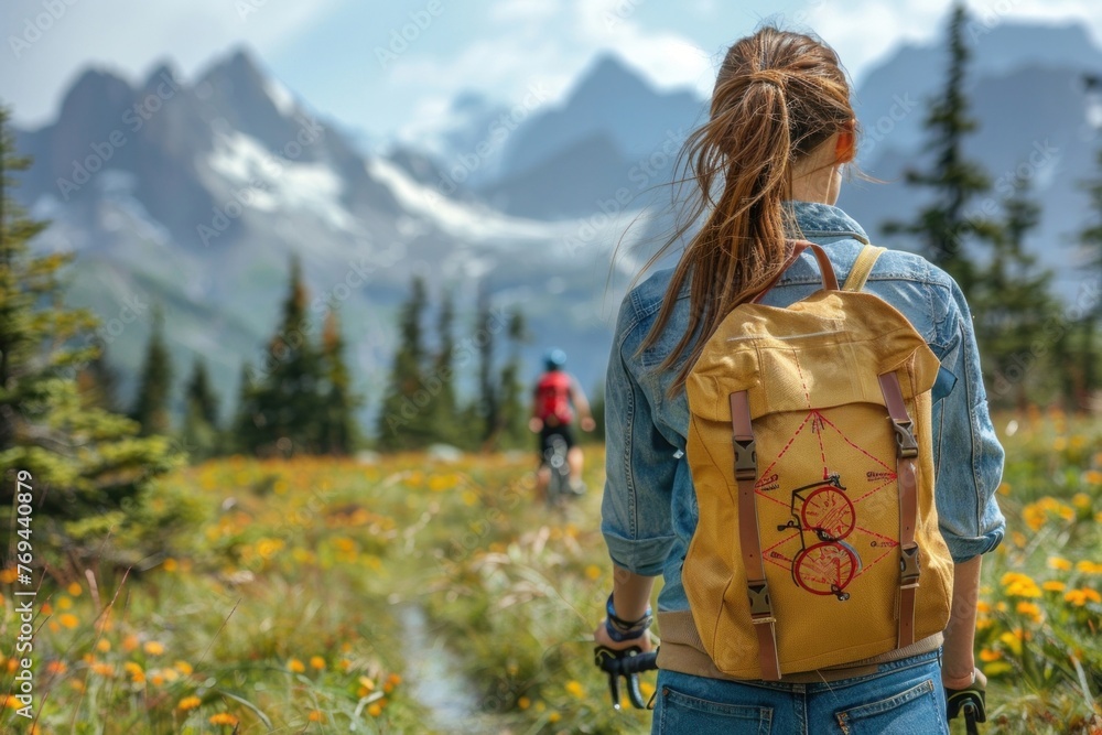 Woman standing in a lush green field of flowers looking at a mountain range Woman standing in a lush green field of flowers looking at a mountain range