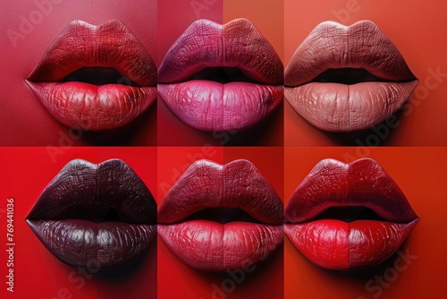 Set of vibrant lipstick colors on female lips, close-up shot showing trendy matte and glossy shades photo