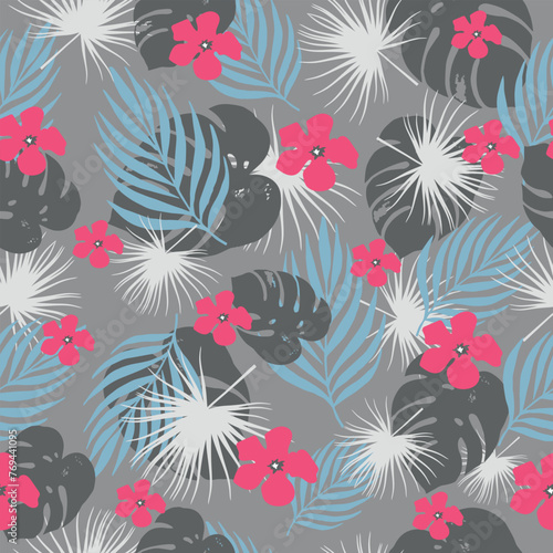 Tropical seamless pattern with palm leaves and flowers.