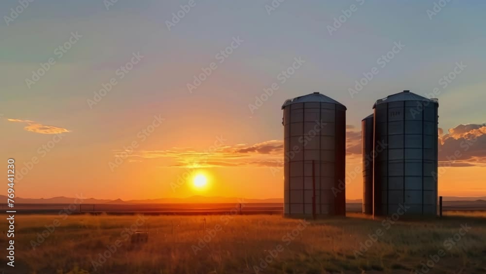 Enormous steel silos filled with liquid herbicides and insecticides situated in a vast open field with the sun setting behind them. Enormous steel silos filled with liquid herbicides and insecticides situated in a vast open field with the sun setting behind them.