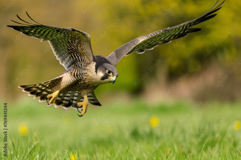 Fototapeta premium falcon gliding over a grassy field