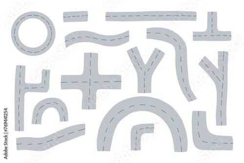 Vector set of road with crossroads, footpath and white markings. Bending asphalt roads and highways vector illustration. Hand drawn road and traffic streets for city map.