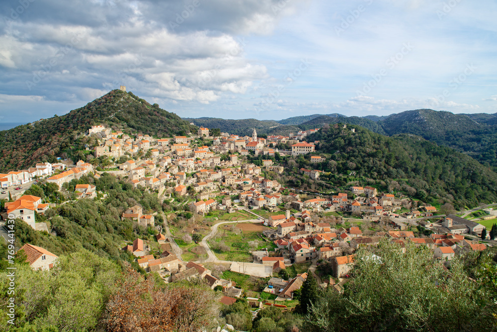 View of the village of Lastovo, located on the top of the hill on the northern edge of the Island. Travel to Croatia island. Rural tourism.