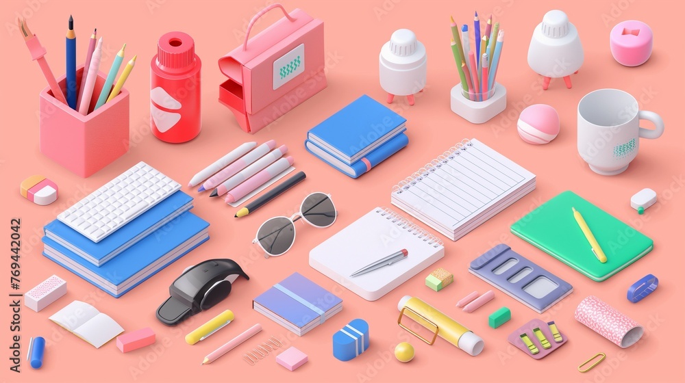 Office desk with various office supplies on a colorful surface. Office desk with various office supplies on a colorful surface.