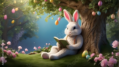 "An enchanting scene featuring an Easter bunny nestled under the shade of a tree, absorbed in a book. The bunny is depicted in a stylized manner, with expressive features and a sense of whimsy. The tr