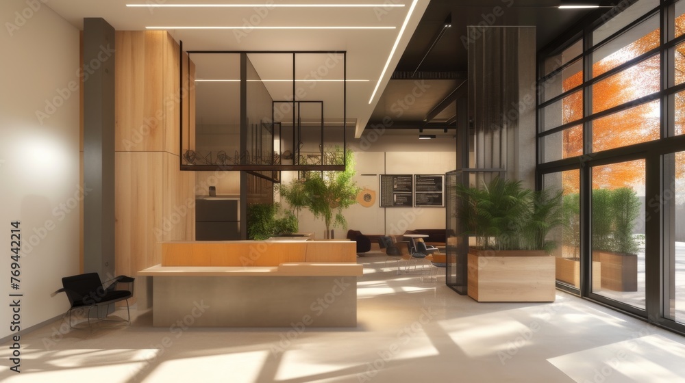 A modern office space with a large window and a glass ceiling A modern office space with a large window and a glass ceiling