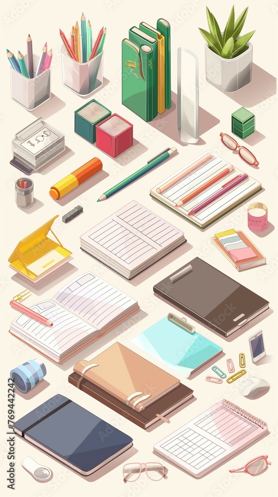 A collection of stationery and office supplies on a table.