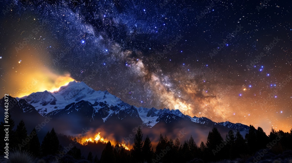 A beautiful night sky with a mountain in the background A beautiful night sky with a mountain in the background