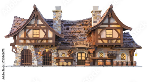 Wide panoramic view of fantasy medieval tavern