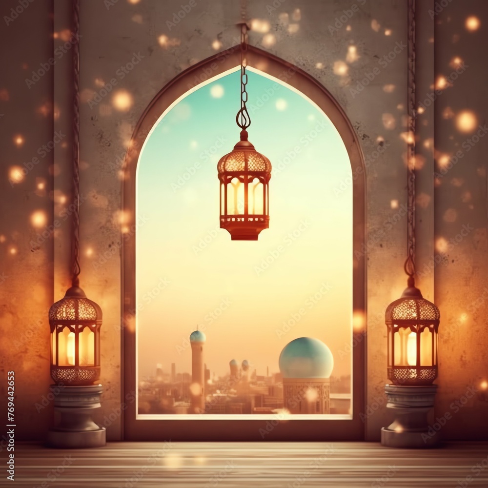 Obraz premium Eid mubarak and ramadan kareem greetings with islamic lantern and mosque. Eid al fitr background