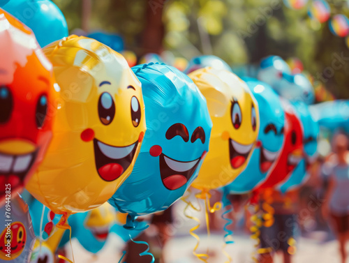 Row of vibrant emoji balloons lined up at a joyful outdoor celebration