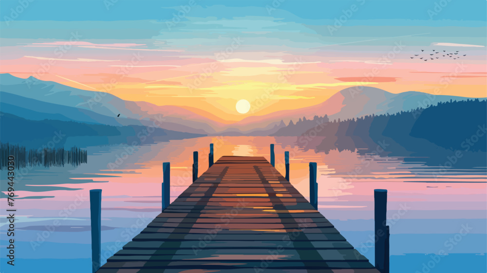 Wooden pier at lake and sunrise.. Flat vector isolated - obrazy, fototapety, plakaty 