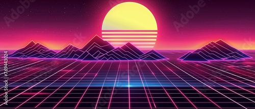 1980s Retro-Futuristic Synthwave Landscape: Cyber Terrain with Neon Sun, Mountains & Laser Grid