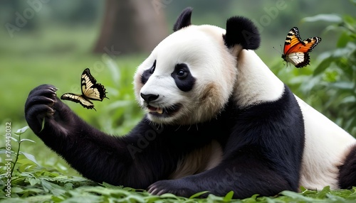 A Giant Panda Playing With A Butterfly