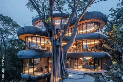 A tree house that looks like a house made out of trees. Generative AI.