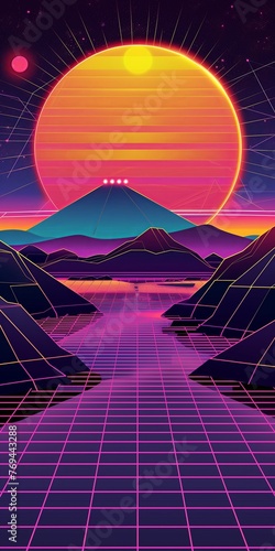 1980s Retro-Futuristic Synthwave Landscape: Cyber Terrain with Neon Sun, Mountains & Laser Grid